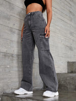 High Rise Flap Pocket Wide Length Jeans