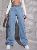 Plain Zipper Fly Flap Pocket Jeans