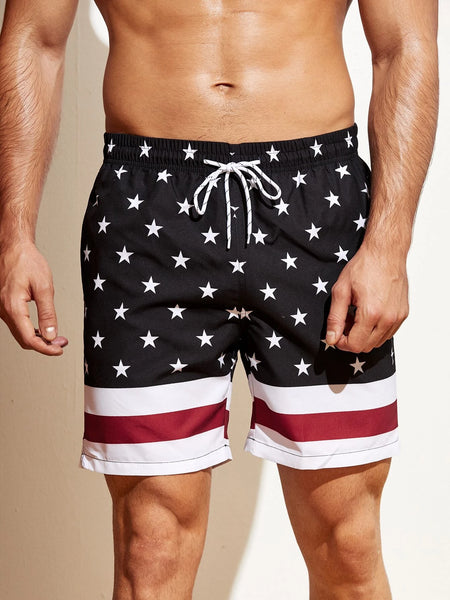 Star Print Drawstring Waist Swim Shorts