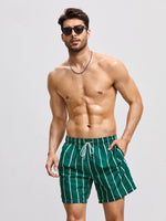 Striped Print Drawstring Waist Swim Shorts With Pocket