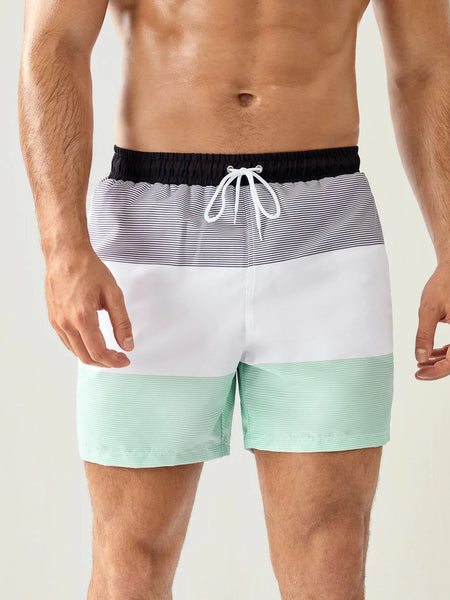 Three Tone Striped Print Swim Shorts