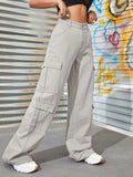 Plain Zipper Fly Flap Pocket Jeans