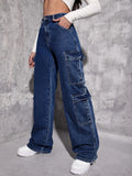 Plain Zipper Fly Flap Pocket Jeans