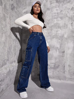 Plain Zipper Fly Flap Pocket Jeans