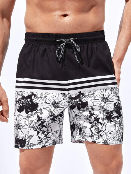 Striped And Floral Print Swim Shorts