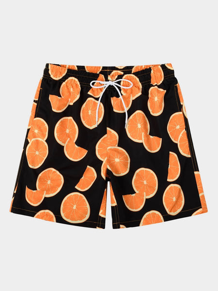 Orange Print Drawstring Swim Trunks