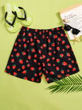 Strawberry Print Drawstring Waist Swim Trunks