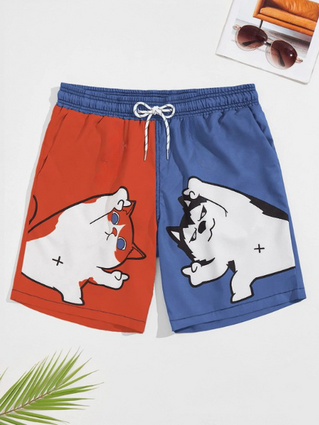 Cartoon Dog And Cat Print Swim Shorts
