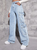 Plain Zipper Fly Flap Pocket Jeans