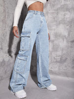Plain Zipper Fly Flap Pocket Jeans