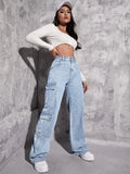 Plain Zipper Fly Flap Pocket Jeans