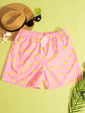 Flamingo Print Drawstring Waist Swim Trunks