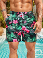 Non Stretch Tropical Print Drawstring Swim Trunks