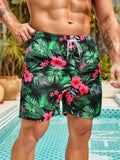 Tropical Print Non Stretch Swim Trunks With Pocket