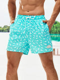 Allover Print Drawstring Waist Slight Stretch Swim Trunks