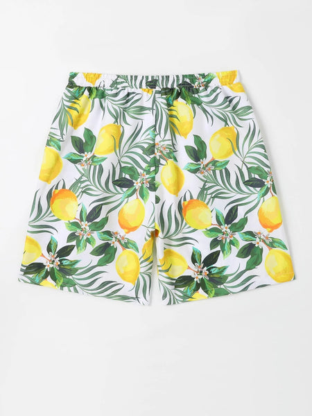 Lemon Print Drawstring  Swim Trunks