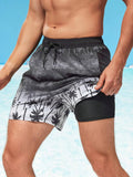 Coconut Tree Print Swim Trunks With Pocket