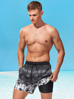 Tropical Print 2 In 1 Drawstring Waist Pocket Swim Trunks