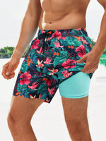 Tropical Print Drawstring Waist 2 In 1 Swim Trunks