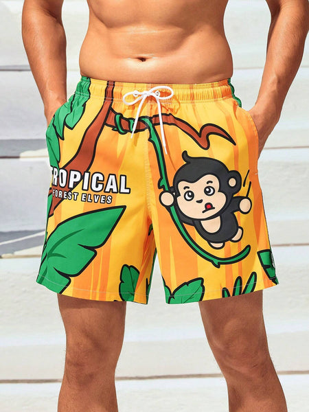 Cartoon Monkey Print Swim Shorts