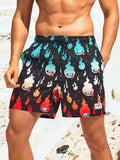 Fire Print Drawstring Waist Swim Trunks