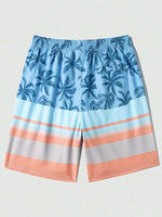 Striped And Palm Tree Print Swim Shorts
