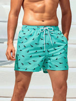 Non Stretch Allover Print Drawstring Waist Swim Trunks