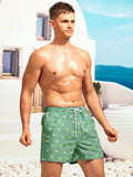 Non Stretch Allover Print Drawstring Waist Swim Trunks