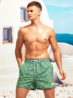 Non Stretch Allover Print Drawstring Waist Swim Trunks