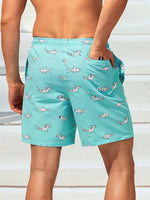 Shark Print Drawstring Waist Swim Trunks With Pocket