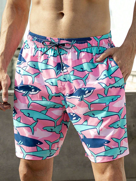 Shark Print Drawstring Swim Trunks