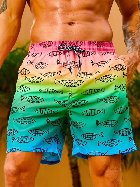 Fish Print Drawstring Waist Swim Shorts