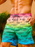 Fish Print Drawstring Waist Swim Shorts