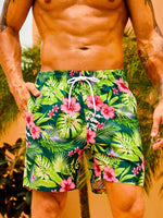 Drawstring Waist Tropical Print Swim Trunks With Pocket