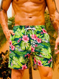 Tropical Print Non Stretch Swim Trunks With Pocket