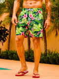 Non Stretch Tropical Print Drawstring Swim Trunks