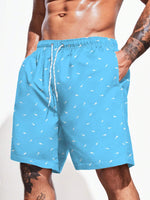 Drawstring Waist Non Stretch Allover Print Swim Trunks