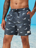 Shark Print Drawstring Waist Swim Trunks With Pocket