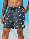Shark Print Drawstring Waist Swim Shorts
