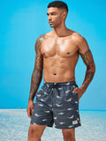 Shark Print Drawstring Waist Swim Trunks With Pocket