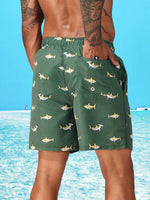 Shark Print Drawstring Waist Swim Trunks With Pocket