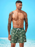 Shark Print Drawstring Waist Swim Trunks With Pocket