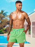 Non Stretch Allover Print Drawstring Waist Swim Trunks