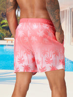 Tropical Print 2 In 1 Drawstring Waist Pocket Swim Trunks