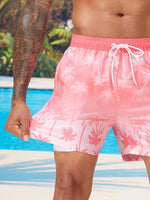 Tropical Print 2 In 1 Drawstring Waist Pocket Swim Trunks