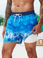 Tropical Print 2 In 1 Drawstring Waist Pocket Swim Trunks