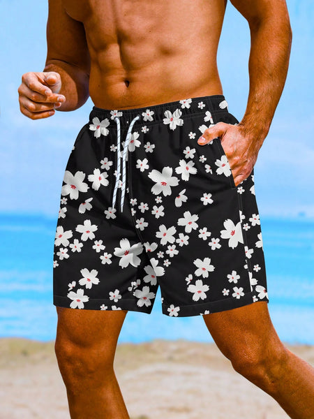 Floral Print Non Stretch Swim Trunks With Pocket