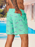 Shark Print Drawstring Waist Swim Trunks With Pocket