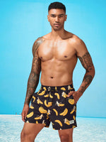 Drawstring Waist Banana Print Swim Trunks