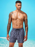 Allover Print Drawstring Waist Slight Stretch Swim Trunks